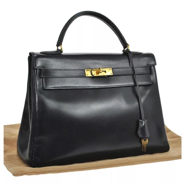 Hermes Kelly Box 32 Black Calf Leather Satchel