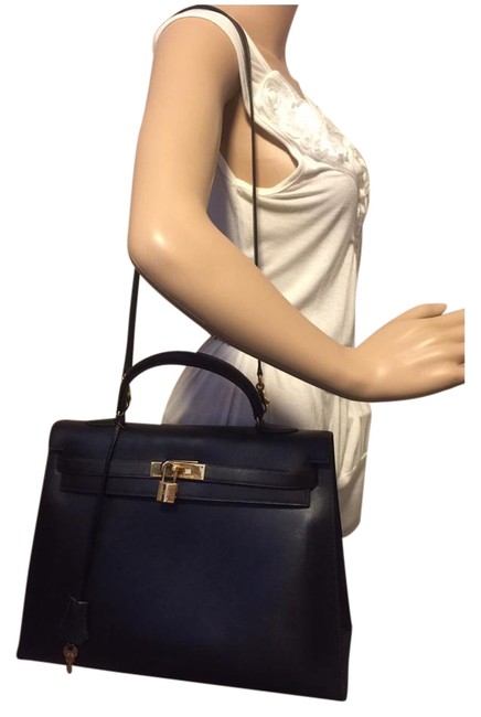 Hermes Kelly Box 35 Black Calf Leather Satchel