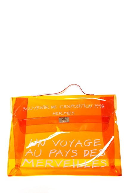 Hermes Kelly Clear &amp; White Print Souvenir Orange Vinyl Shoulder Bag