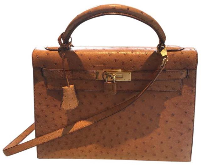 Hermes Kelly Gold Ostritch Leather Satchel