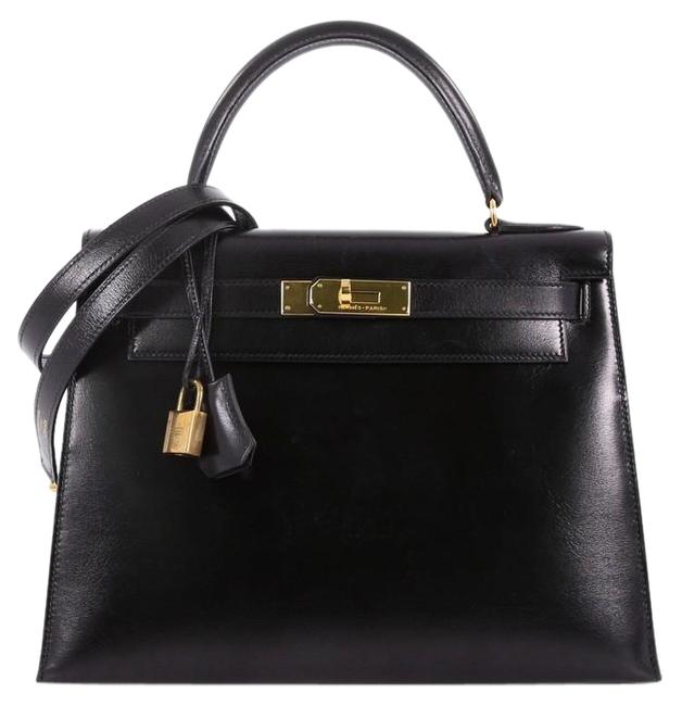 Hermes Kelly Box Handbag with Gold Hardware 28 Black Leather Tote
