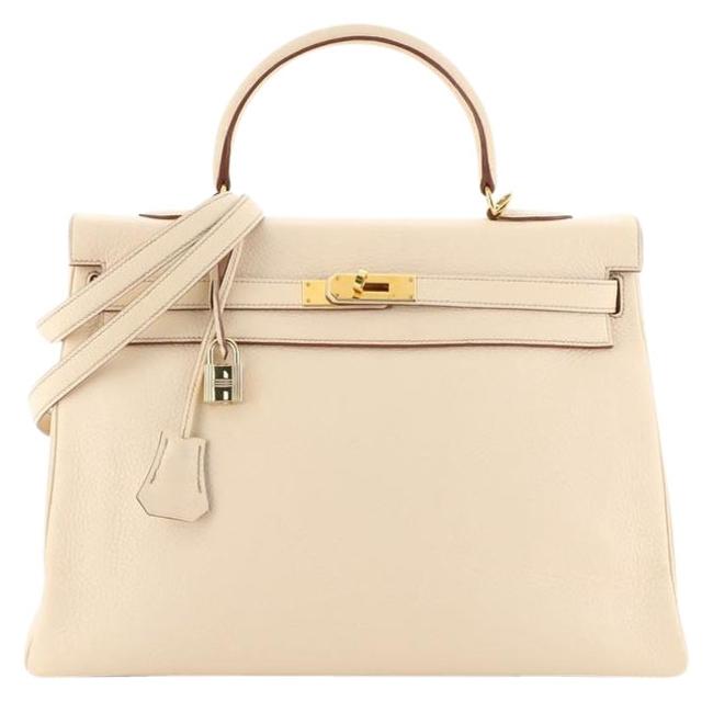 Hermes Kelly Handbag Clemence with Gold Hardware 35 Beige Leather Satchel