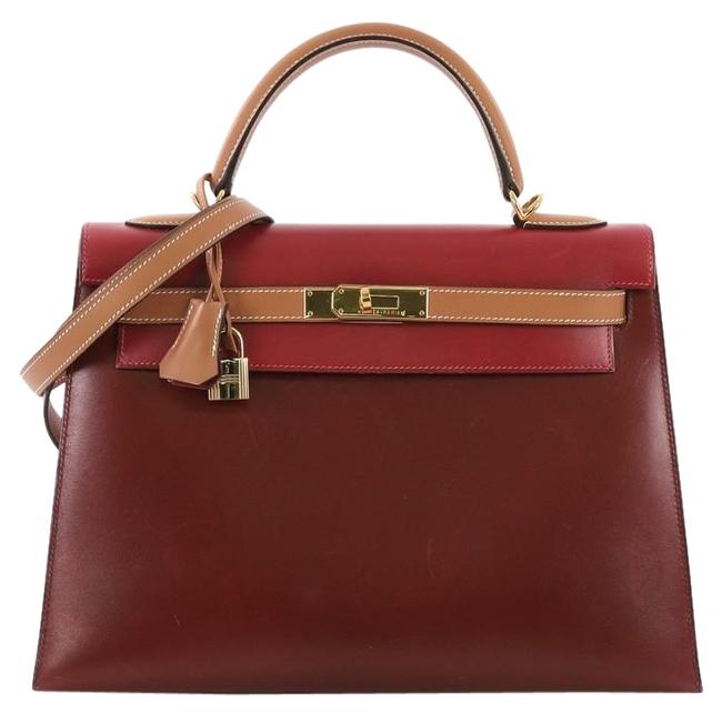Hermes Kelly Box Handbag with Gold Hardware 32 Tricolor Leather Satchel