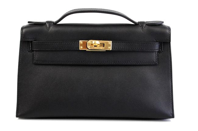 Hermes Kelly Pochette Black Swift Calf Leather Clutch