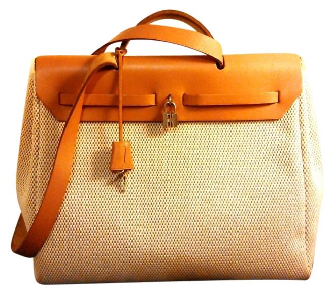 Hermes Large Tan/Beige Leather/Canvas Shoulder Bag