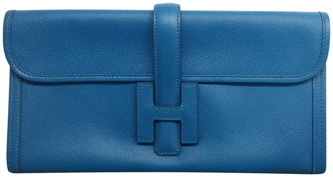Hermes Jige Leatherjige Blue Calfskin Leather Clutch