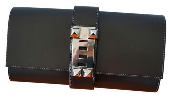 Hermes Medor Large 29 Cm Dark with Palladium Hardware Brown Leather Clutch