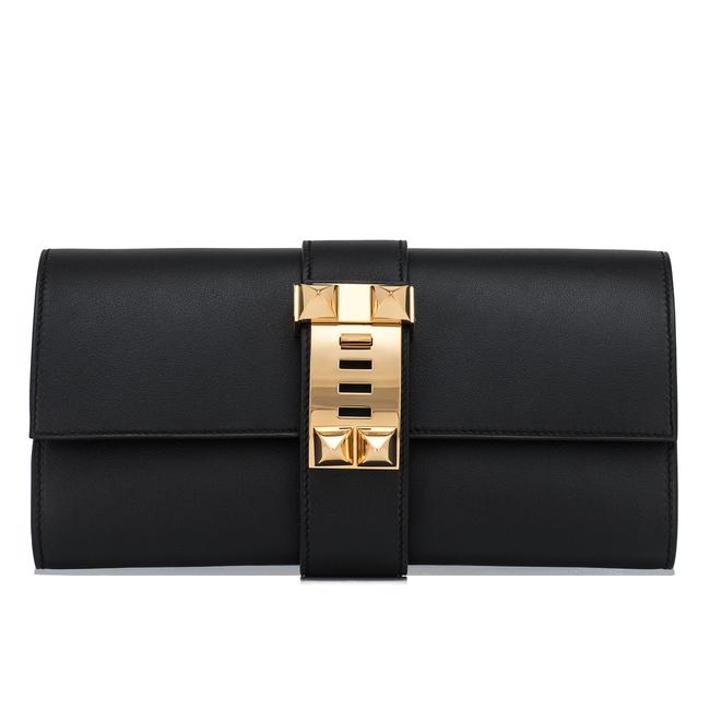 Hermes Medor Pochette 23cm Gold Hardware Elegant Black Leather Clutch