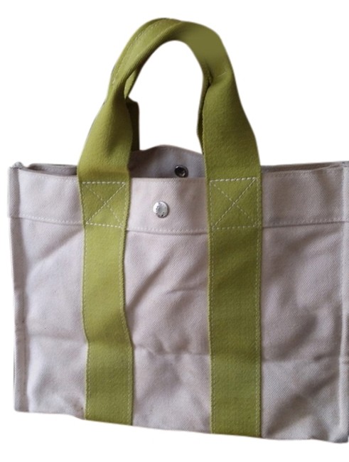 Hermes Off White and Light Green Canvas Tote