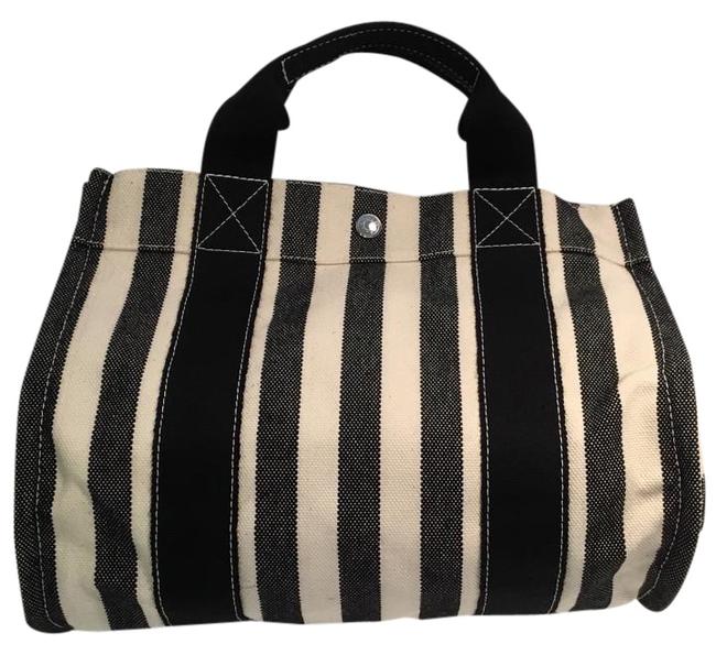 Hermes Paris Pm Vermillion Black/ White Cotton Canvas Tote