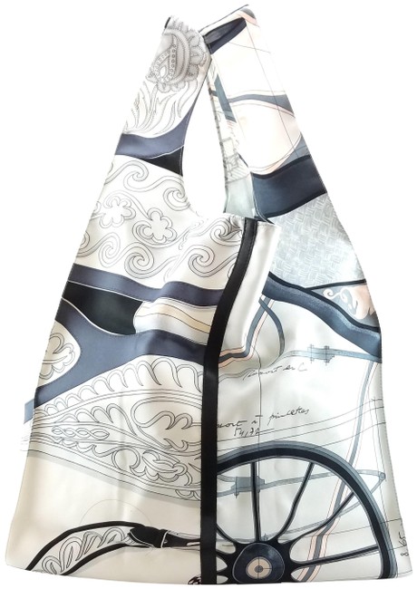Hermes Shopping Petit H White #6080 Blue Grey Black Silk Tote