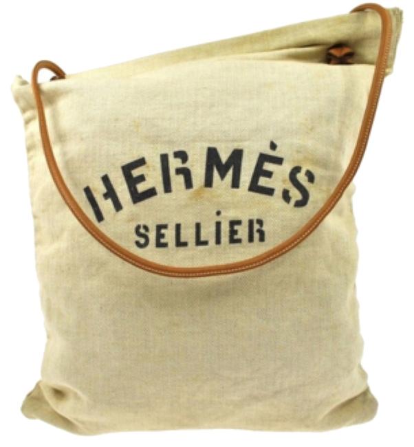 Hermes Bag Sellier Logo Beige + Black Leather and Canvas Tote