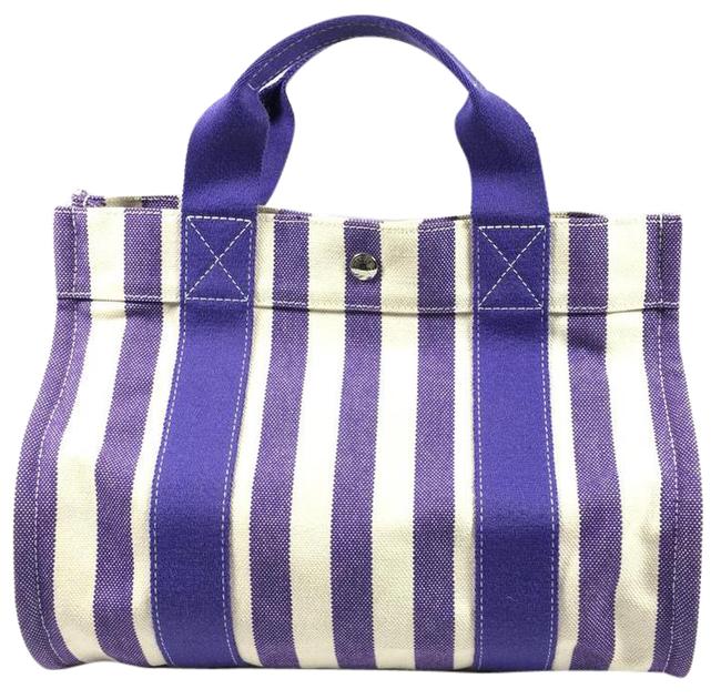 Hermes Cannes Striped Coile Purple/White Cotton Tote