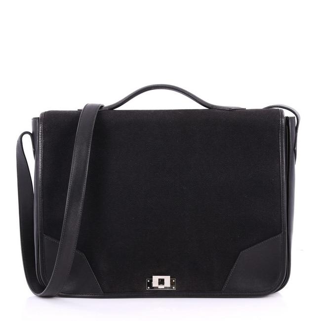 Hermes Toile and Medium Black Leather Messenger Bag