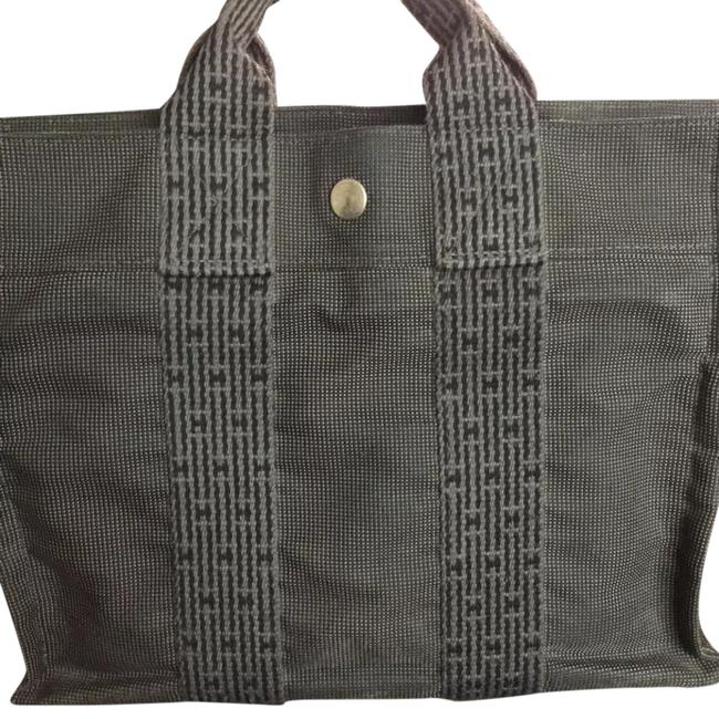 Hermes Tote Black and Gray Canvas Nylon Satchel