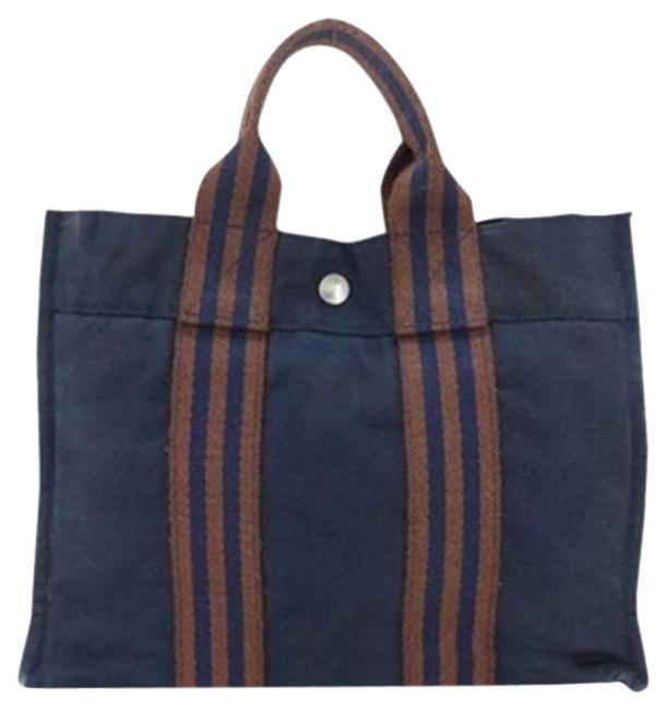 Hermes Tout Pm Navy and Brown Canvas Tote
