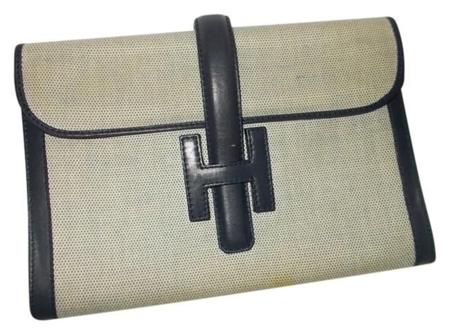 Hermes Vintage Beige Navy Canvas and Leather Clutch