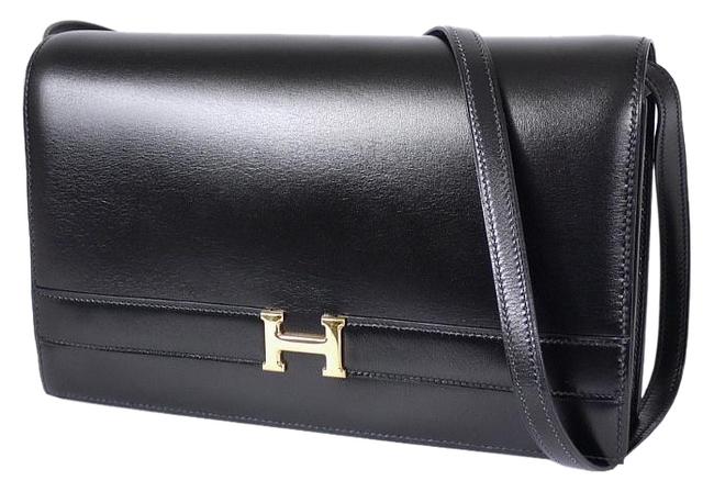 Hermes Annie Box Vintage Calf 2way Shoulder Black Leather Clutch