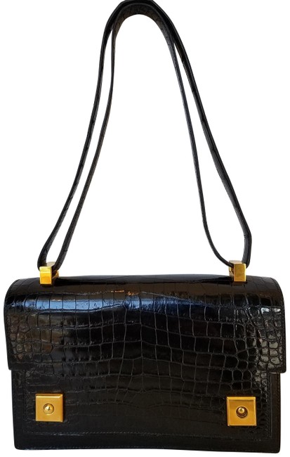 Hermes Vintage Piano Black Crocodile Skin Leather Shoulder Bag