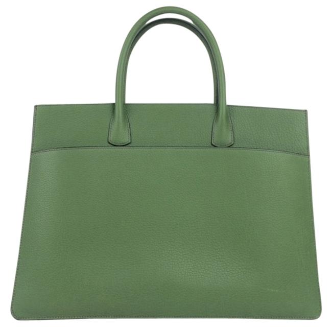Hermes White Bus 40 Green Leather Tote