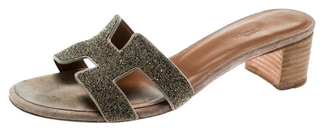 Hermes Beige Gold Glitter Leather Oasis Slide Sandals    
