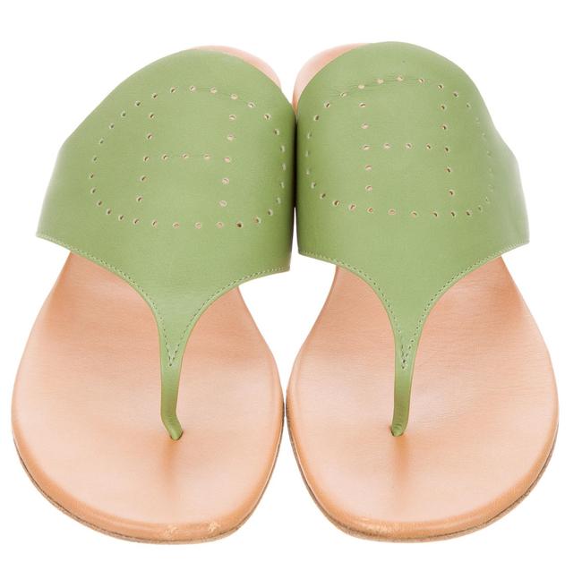 Hermes Beige Green Kelly Leather Logo Slide Sandals    
