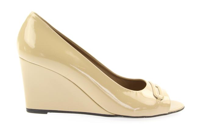 Hermes Beige Peep Toe Patent Wedges      