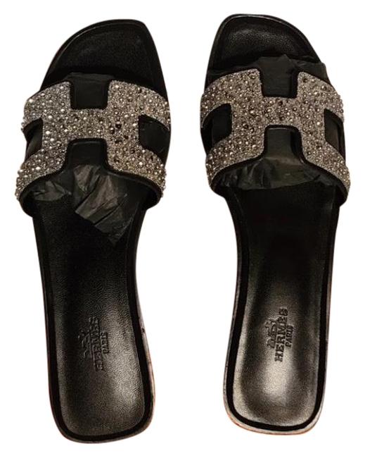 Hermes Black Crystal Leather Oran Sandals      