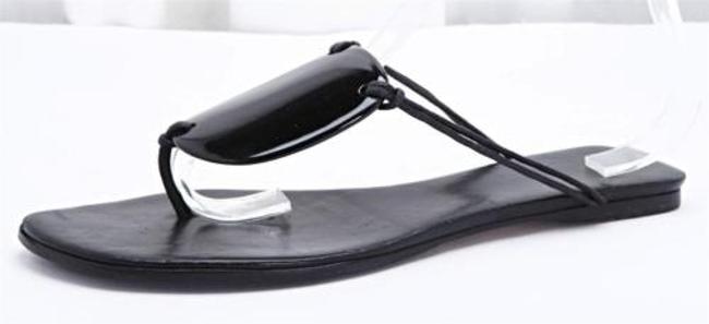 Hermes Black Flat Oval Medallion Strappy Thong Leather Sandals Shoe