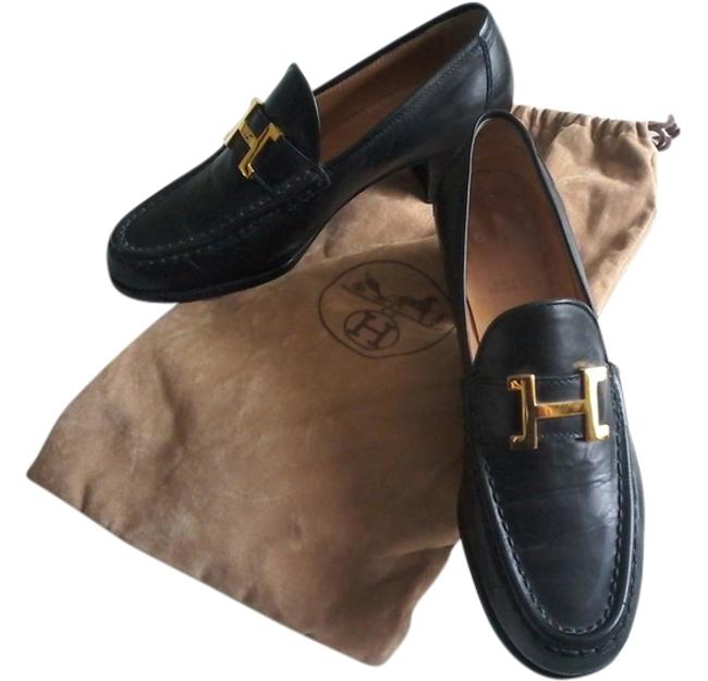 Hermes Black Italian Loafer with H Buckle Pumps    