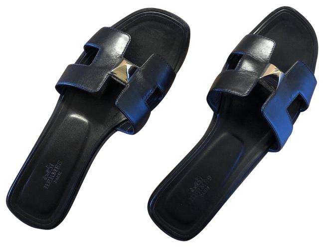 Hermes Black Leather Oran H 2 Clous Pyramides Sandals    