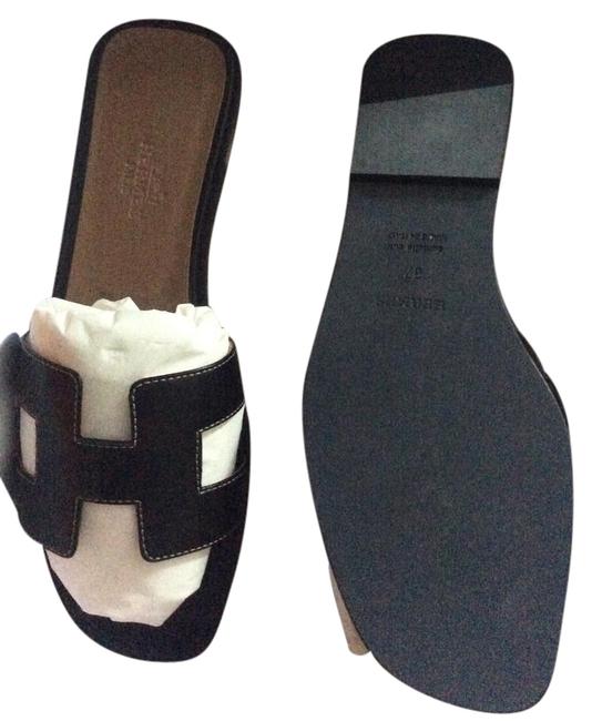 Hermes Black W Oran Leather Flat 37 Receipt Sandals    