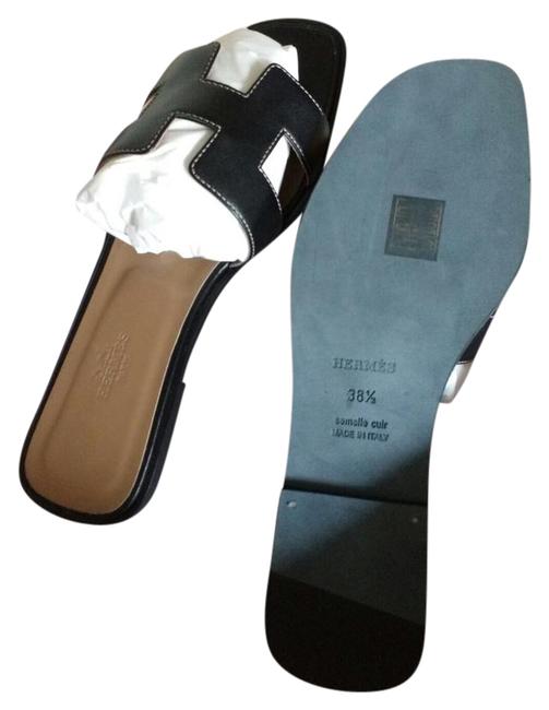 Hermes Black W Oran Leather Flat 38 Receipt Sandals    