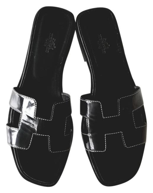 Hermes Black Oran Patent Leather Flats      