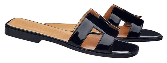 Hermes Black Patent Oran Sandals      
