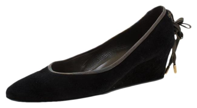 Hermes Black Suede Bow Detail Wedge Pumps    