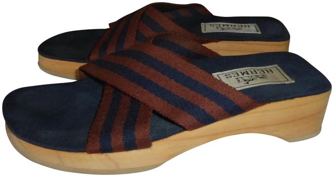 Hermes Blue  Burgundy Strap MulesSlides      