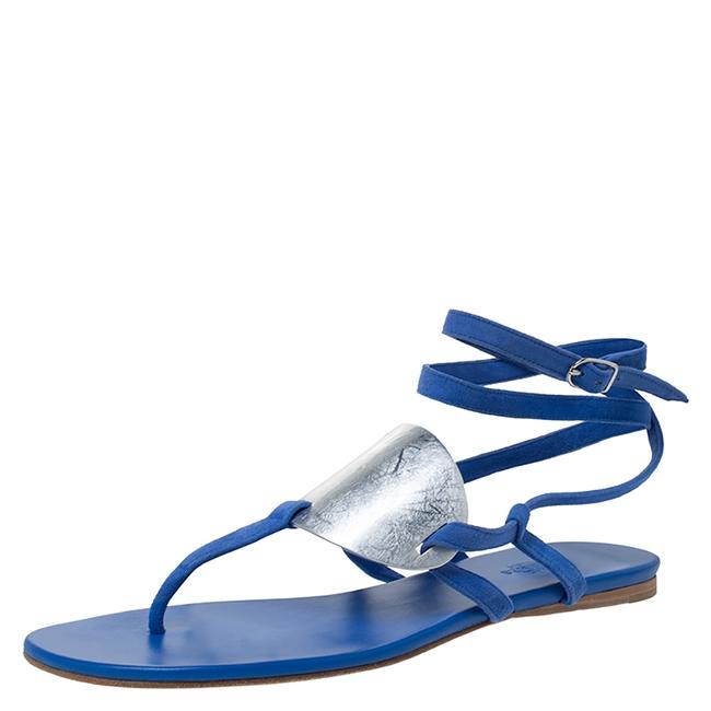 Hermes Blue Electric Suede Wrap Up Sandals Flats    