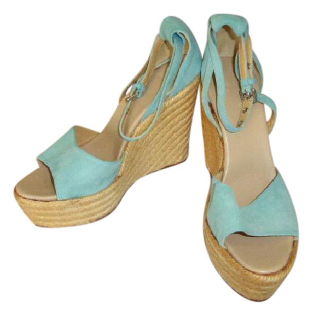 Hermes Blue Green Suede Strap Espadrille Wedges    