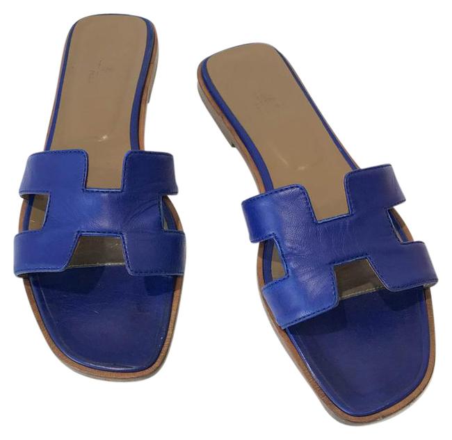 Hermes Blue Oran Leather H Sandals    
