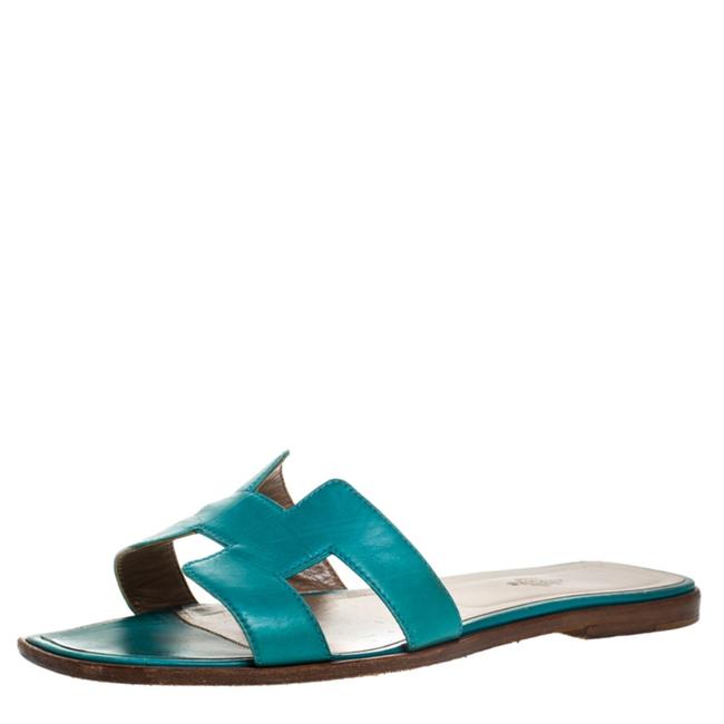 Hermes Blue Turquoise Leather Oran Slide Sandals Flats    