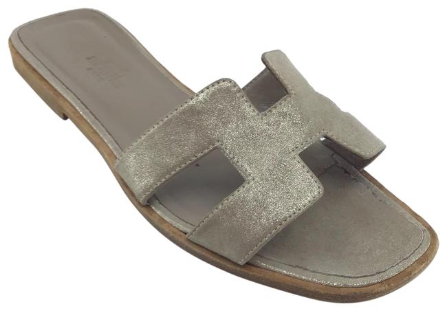 Hermes Bronze Metallic Oran Leather H Slides Sandals    