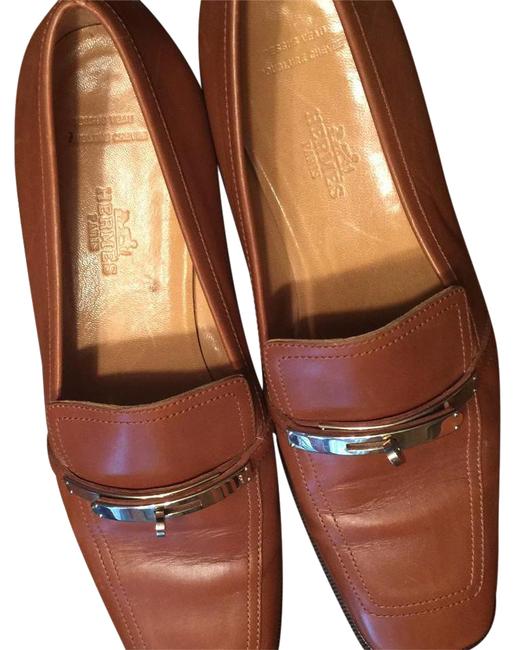 Hermes Brown Gold Buckle Loafer Flats      