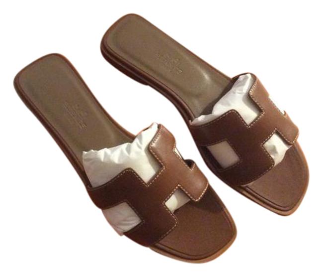 Hermes Brown  Gold W Leather Sandals Receipt Flats    