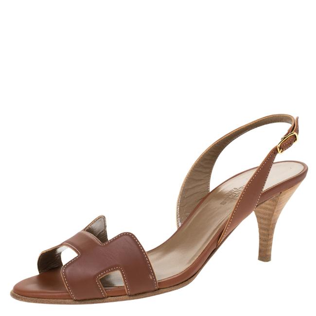 Hermes Brown Leather Night Slingback 37.5 Sandals    