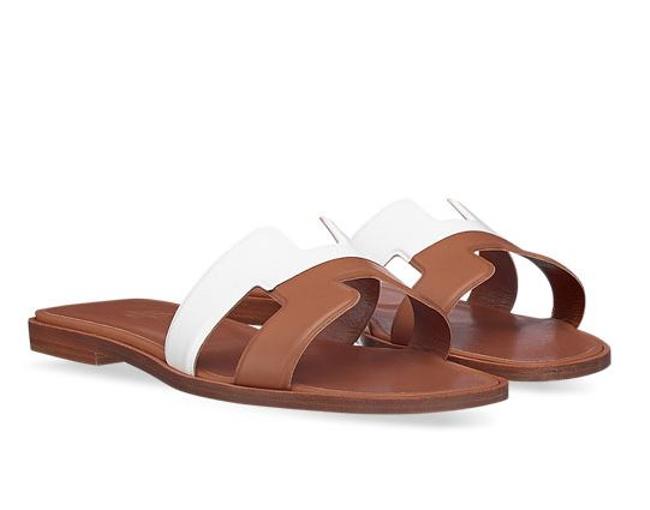Hermes Brown Oran Leather Sandals BrownWhite Flats    