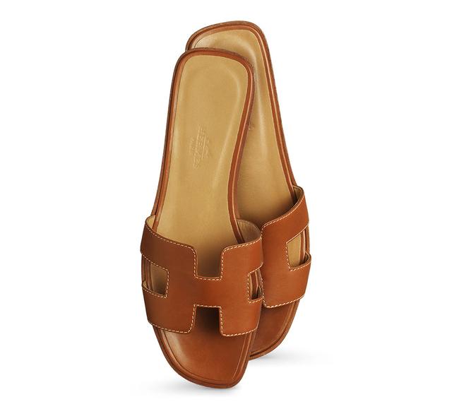 Hermes Brown Oran Leather Sandals Gold Flats    