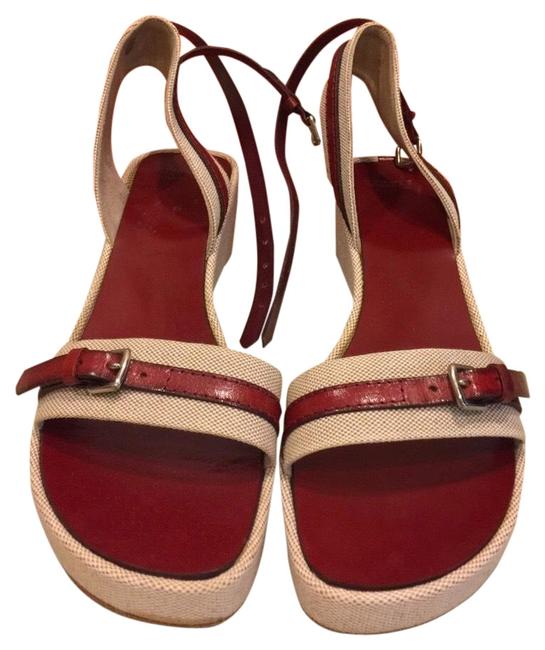 Hermes Burgundy; Cream Canvas and Leather Wedges    