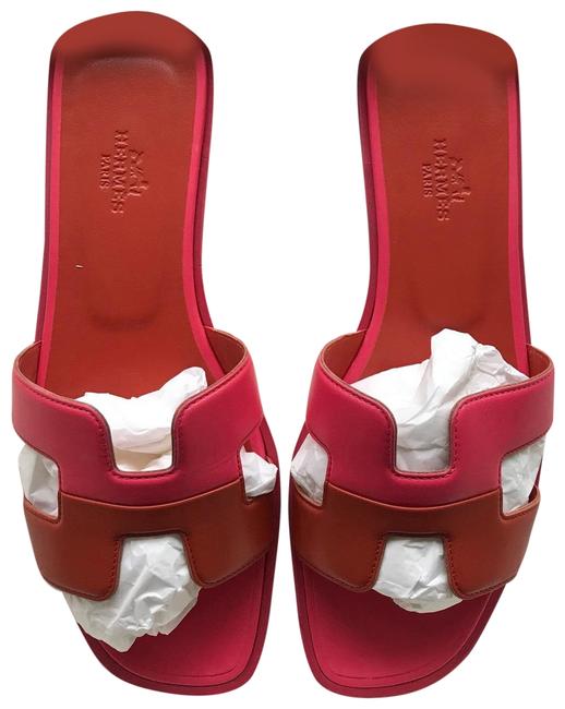 Hermes FuschiaOrange Oren Calfskin Sandals    