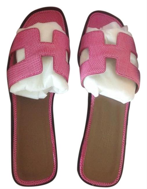 Hermes Fushia Pink Oran Lizard Leather Sandals    